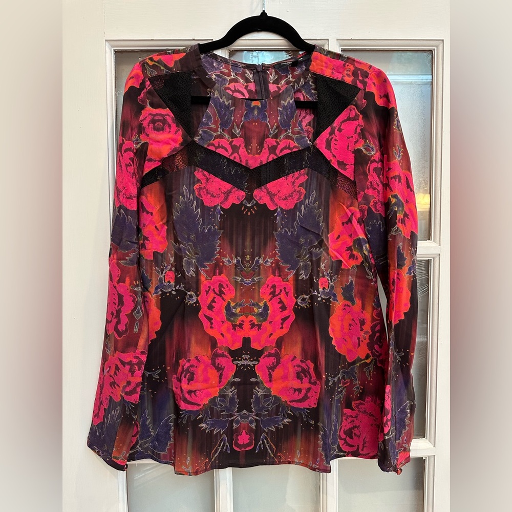 Nanette Lepore Watercolor Mirror Image Floral Roses Silk Blouse Top Size 2 XS